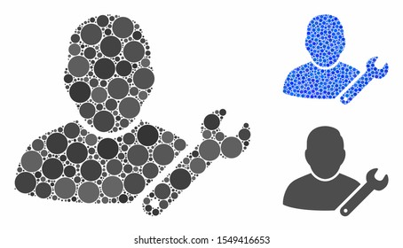 User customize wrench mosaic of round dots in variable sizes and color hues, based on user customize wrench icon. Vector round elements are united into blue collage.