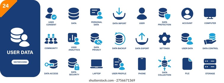 User data icon collection featuring data import, data export, security, user consent and user analytics symbols. Solid vector icons.