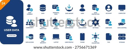 User data icon collection featuring data import, data export, security, user consent and user analytics symbols. Solid vector icons.