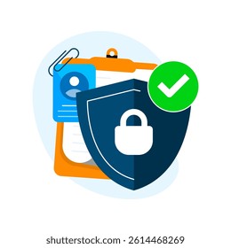 User data protection concept illustration. ID document and shield icon for strong privacy, cyber security, and personal information safety. Secure identity verification, encryption, GDPR compliance