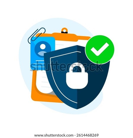 User data protection concept illustration. ID document and shield icon for strong privacy, cyber security, and personal information safety. Secure identity verification, encryption, GDPR compliance