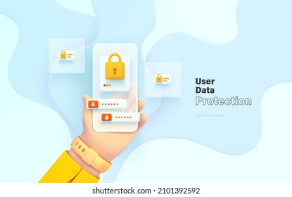 User data protection. The hand is holding the phone. Mobile application for data analysis and accounting. File management. Electronic document management. Vector illustration 3d style