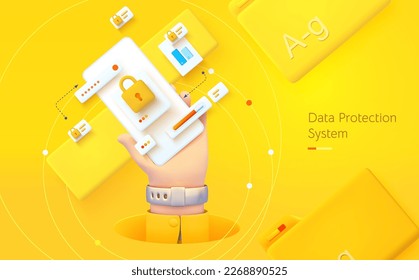 User data protection. The hand is holding the phone. Mobile application for data analysis and accounting. File management. Electronic document management. Vector illustration 3d style