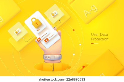 Protección de datos del usuario. La mano está sosteniendo el teléfono. Aplicación móvil para análisis de datos y contabilidad. Administración de archivos. Gestión electrónica de documentos. Estilo 3d de la ilustración del vector
