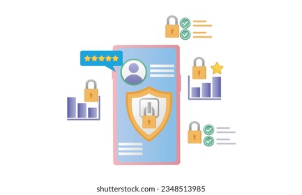 User data protection. The hand is holding the phone. Mobile application for data analysis and accounting. File management.on white background.Vector Design Illustration.