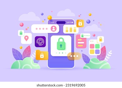 User data protection. Mobile application for data analysis and accounting. File management. Electronic document management. Vector illustration 3d style