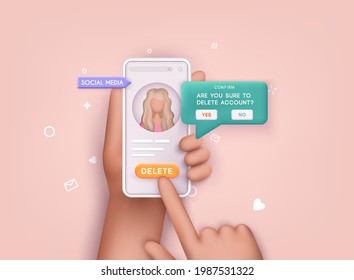 User deleting social account Concept of delete profile, account deactivation, remove data files or page. 3D Web Vector Illustrations.