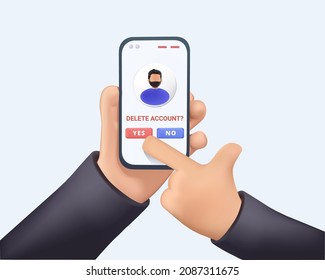 User deleting social account Concept of delete profile, account deactivation, remove data files or page. 3D Web Vector Illustrations. Man pressing delete button on phone, removing online information