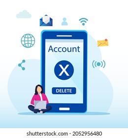 User deleting social account to waste bin. Concept of delete profile, account deactivation, remove data files or page. Flat vector illustration
