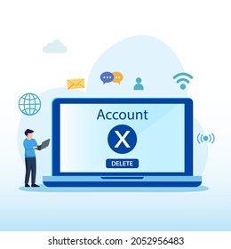 User deleting social account to waste bin. Concept of delete profile, account deactivation, remove data files or page. Flat vector illustration
