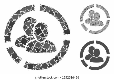 User diagram composition of rugged parts in variable sizes and color hues, based on user diagram icon. Vector bumpy parts are combined into collage. User diagram icons collage with dotted pattern.