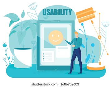 User Digital Tablet Interface Mobile Application Usability. Tiny Cartoon Man Designer Character Standing near Huge Device with Open Web Site and Smile Emoticon. Vector Flat Illustration