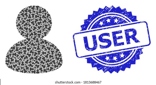 User dirty stamp seal and vector recursive composition user. Blue stamp seal contains User title inside rosette. Vector mosaic is formed from recursive rotated user items.