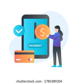 User do a payment with online on her smartphone by credit card. Vector Illustration about Finance