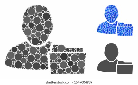 User document folder mosaic of circle elements in variable sizes and shades, based on user document folder icon. Vector round elements are organized into blue mosaic.