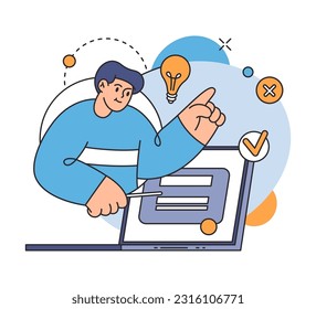 User doing online search of data, open laptop and information check. Web analysis and CEO concept. Analyzing on site, new ideas flat cartoon vector illustration
