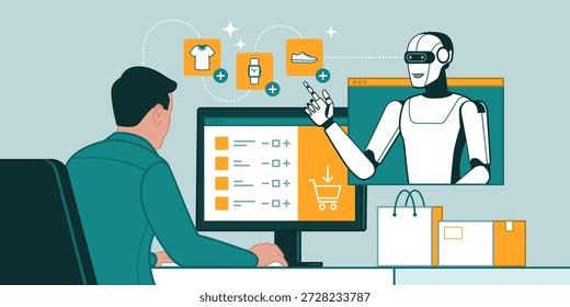 Usuário fazendo compras on-line em seu computador, um agente de IA está ajudando-o a encomendar produtos
