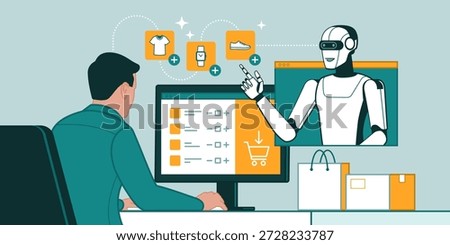 User doing online shopping on his computer, an AI agent is helping him ordering products