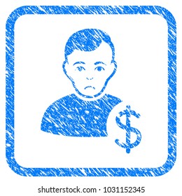 User Dollar rubber seal stamp imitation. Icon vector symbol with grunge design and corrosion texture in rounded squared frame. Scratched blue emblem on a white background.