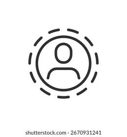 Usuário com círculo pontilhado, ícone linear. Recurso de matéria, atividade online ou status do perfil. Linha com traçado editável.