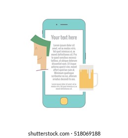 User and drinks concept. Man getting beer through app. Get beer through mobile phone concept. Creative vector illustration