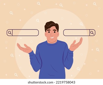 user during an online search. the men offers various options for finding information. Flat style vector