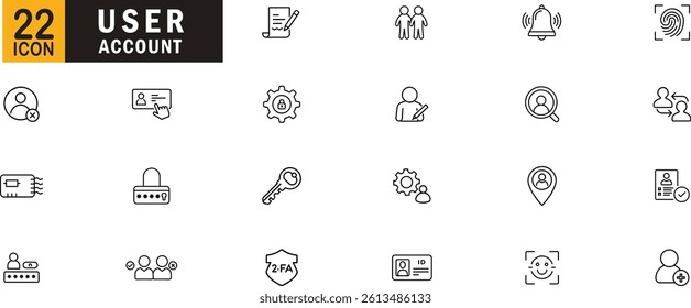 User editable outline icon set. Account login security profile privacy and more.