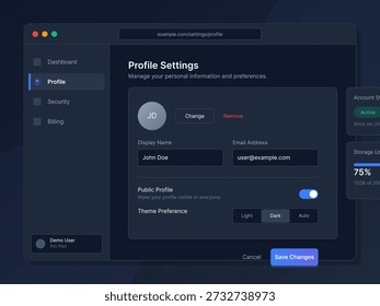 Der Benutzer bearbeitet die Einstellungen für ein Profil auf einer digitalen Plattform. Die Benutzeroberfläche zeigt Optionen für Anzeigenamen, E-Mail-Adresse und Designeinstellungen sowie Aktionsschaltflächen an.