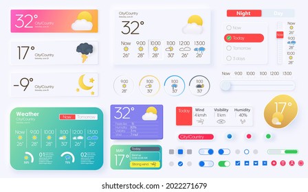 User elements for weather mobile app. Widgets, quick access adaptive interface. Temperature, atmospheric pressure, weather condition user interface generator. Unique neumorphic ui ux design kit.