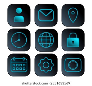 User, email, gps, clock, internet, protection, calendar, setting, camera icons. For website marketing design, logo, app, template, ui, etc. Vector illustration.