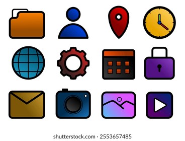 User, email, gps, clock, internet, protection, calendar, setting, camera icons. For website marketing design, logo, app, template, ui, etc. Vector illustration.