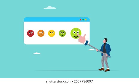 user emoticon experience, angry or smile face review, customer satisfaction survey, service quality feedback, man choose a smile face icon rating for the experience of purchasing a product or service