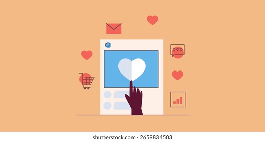 Usuario involucrado con contenido de redes sociales, publicación de redes sociales con interacción de usuario, amor, me gusta, compartir y comentarios.