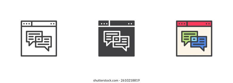 User Engagement and Interaction different style icon set. Line, glyph and filled outline colorful version, outline and filled vector sign. Browser window with a speech bubble symbol, logo illustration