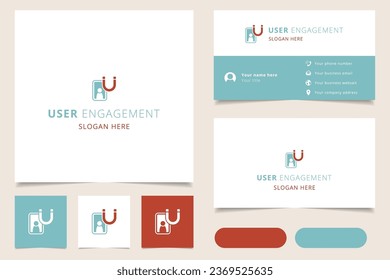 Diseño del logotipo de compromiso del usuario con un lema editable. Libro de promoción de marca y plantilla de tarjeta de visita.