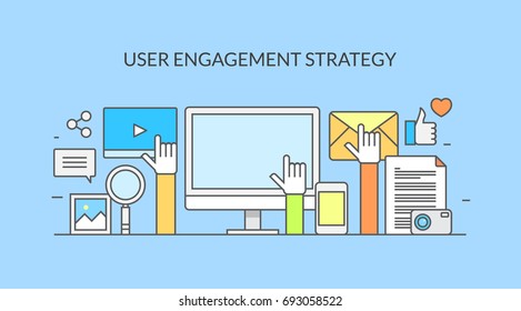 User engagement strategy, user response, click on video, email, desktop screen flat line vector illustration with marketing icons on blue background