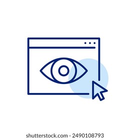 Participación del usuario, análisis de Sitio web y supervisión de la actividad. Web de página, ojo y ratón Hacer clic. Icono de trazo perfecto y editable