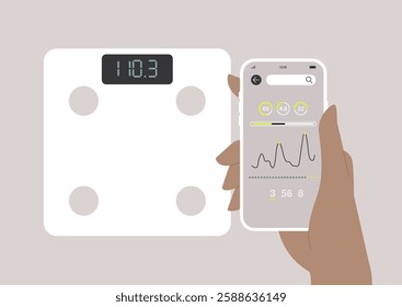 A user engages with a modern bathroom scale displaying their weight while examining data on a connected mobile application that tracks health metrics and trends over time