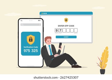 User enter code from sms on laptop screen. Two factor authentication. 2FA, verification password and login for user identity authentication, internet security. Private access. Login to account. vector