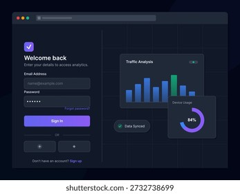 A user is entering their details to log in for data analytics access. The screen shows a form for email and password along with traffic analysis graphs and device usage stats.