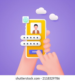 The user enters an account on a mobile phone. The hand is holding a smartphone. Vector 3d illustration.