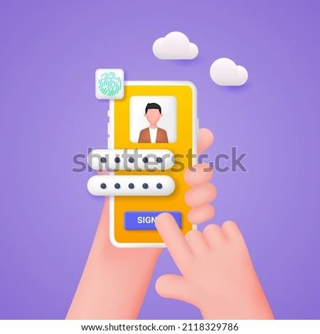 The user enters an account on a mobile phone. The hand is holding a smartphone. Vector 3d illustration.
