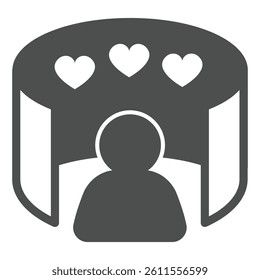 User environment with likes solid icon, neural network concept. Vector graphics. Human with hearts in sphere, promotion sign on white background, glyph style icon for mobile or web design
