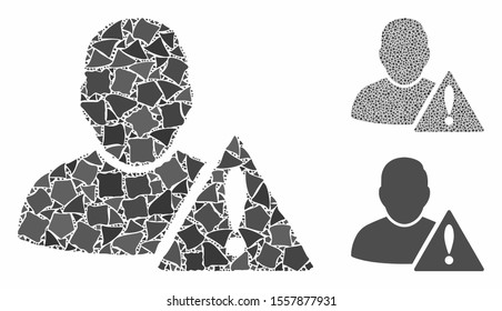 User error mosaic of ragged pieces in various sizes and shades, based on user error icon. Vector trembly parts are composed into mosaic. User error icons collage with dotted pattern.