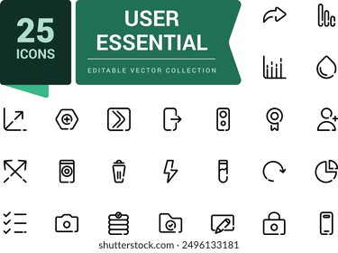 User essential line icons. Collection of divided outline Icon. Mobile and Web UI Icon Set. Essential user interface icon pack.