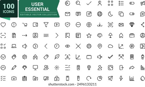 User essential line icons. Collection of divided outline Icon. Mobile and Web UI Icon Set. Essential user interface icon pack.