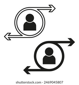 Iconos del proceso de intercambio de usuarios. Perfil avatares con flechas direccionales. Interacción y concepto de Comentarios. Ilustración vectorial. EPS 10.