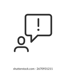 User with exclamation bubble, linear icon. Alert notification or warning message. Line with editable stroke.