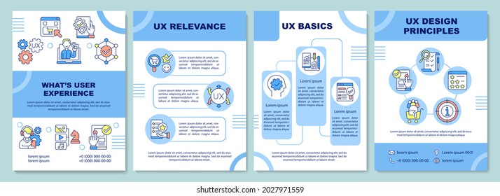 Plantilla de folleto de la experiencia del usuario. Importancia de UX. Principios de diseño. Volante, folleto, folleto impreso, diseño de portada con iconos lineales. Diseños vectoriales para presentación, informes anuales, páginas publicitarias