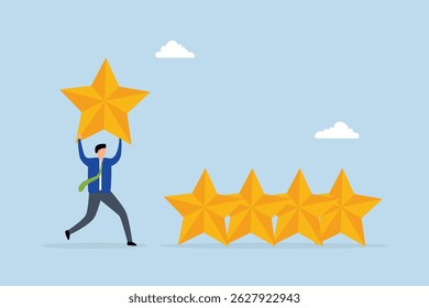User experience, businessman holding golden yellow star to added to 5 stars rating.